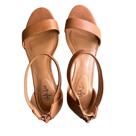 Style & Co Open Toe Camel Colored Heels with Ankle Strap and Zipper Back - Picture 4 of 7